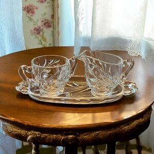 1930s 3 piece cream sugar and tray set by Indiana Glass "Willow / Oleander”